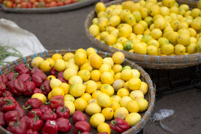 High angle view of fruits in market for sale