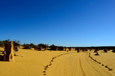 Panoramic view of desert land against clear blue sky