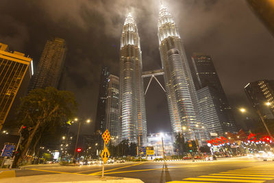 View of city lit up at night