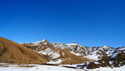 Scenic view of snowcapped mountains against clear blue sky