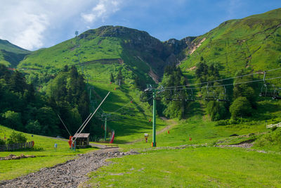 View of the ski slopes at mont dore in spring