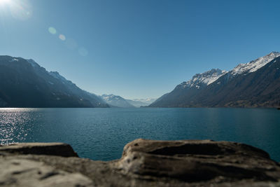 Brienz, switzerland, february 10, 2023 alpine scenery at the beautiful lake of brienz on a sunny day