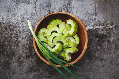 High angle view of food in bowl on table