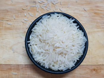 High angle view of rice in bowl on table