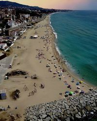 High angle view of beach during sunset