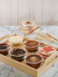 High angle view of multiple dessert on table