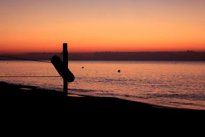 Silhouette bird on beach against sky during sunset