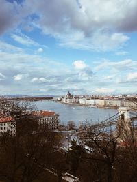 High angle view of river and buildings against sky