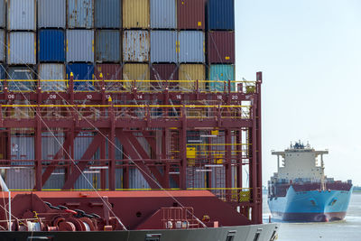 Ship at harbor against clear sky