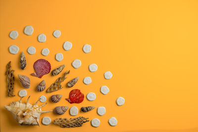 Directly above shot of multi colored candies against orange background