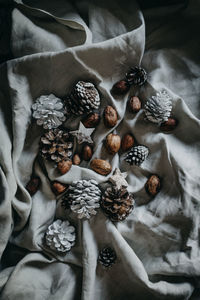 Directly above shot of pine cones and walnuts on textile during christmas