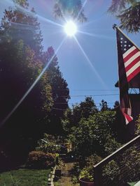 Low angle view of flag and trees against sky