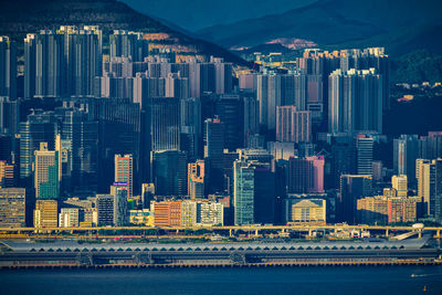 Illuminated buildings in city at night