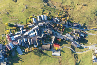 High angle view of buildings in village