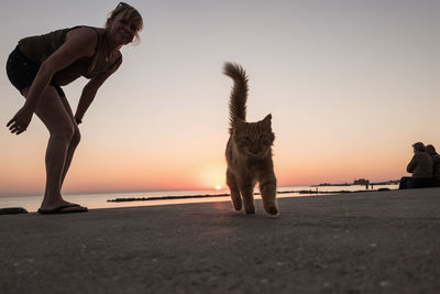 Full length of woman with cat against sea and sky during sunset