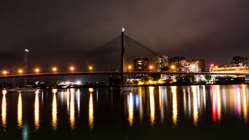 Illuminated bridge over river at night