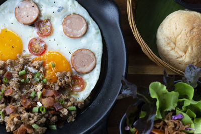 High angle view of breakfast on table