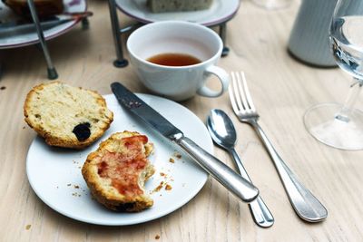 High angle view of breakfast served on table