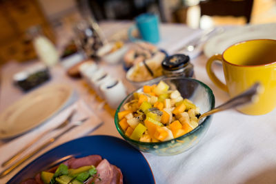 High angle view of breakfast on table