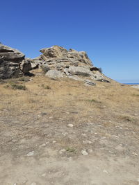 Low angle view of rocky mountain against clear blue sky