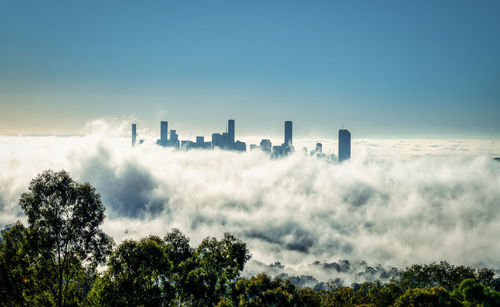 Panoramic view of city in fog in the morning