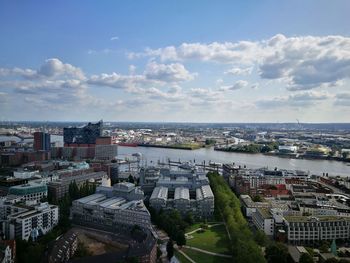 High angle view of hamburg's buildings against sky