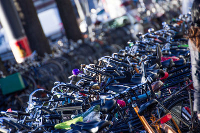 Close-up of bicycles in market