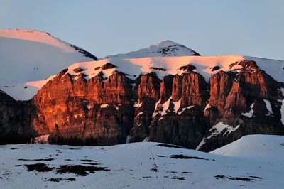 Scenic view of snowcapped mountains against clear sky