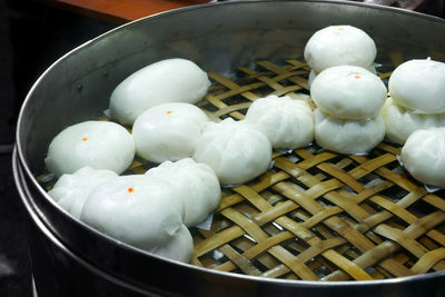 High angle view of eggs in basket