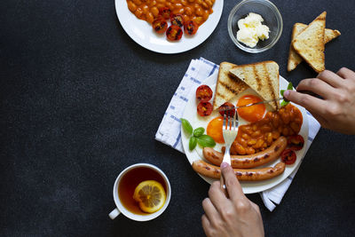 High angle view of breakfast served on table