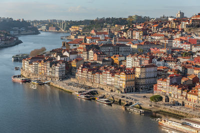 High angle view of river amidst buildings in city