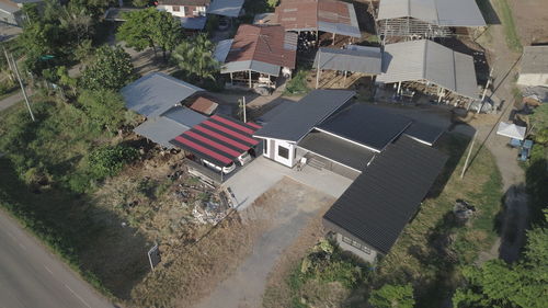 High angle view of road amidst buildings in city