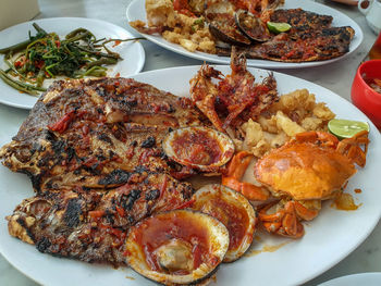 High angle view of meal served on table