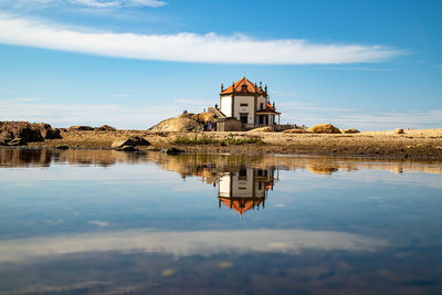 Reflection of building in lake against sky