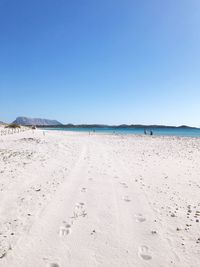Scenic view of beach against clear blue sky