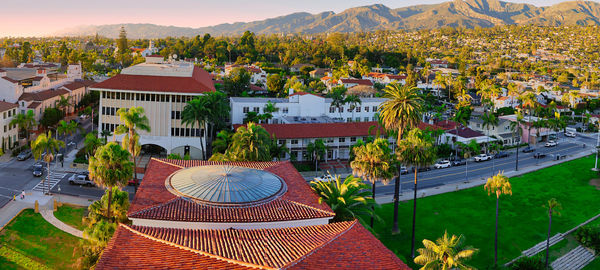 High angle view of buildings in town