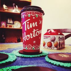 Close-up of coffee cup on table