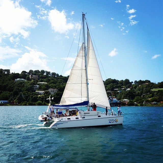 nautical vessel, transportation, boat, mode of transport, water, sky, waterfront, sailing, sailboat, sea, mast, travel, cloud - sky, blue, journey, cloud, nature, rippled, day