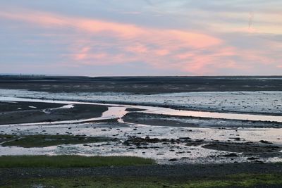 Scenic view of beach against sky during sunset