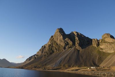 Panoramic view of mountains against clear blue sky