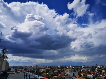 High angle view of buildings against blue sky