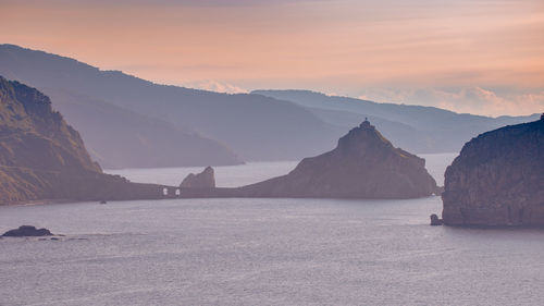 Scenic view of sea and mountains against sky during sunset