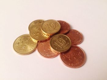 Close-up of coins on white background