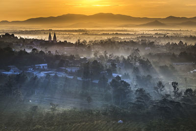 Scenic view of forest against sky during sunset