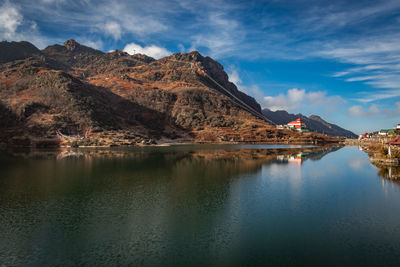 Scenic view of lake and mountains against sky