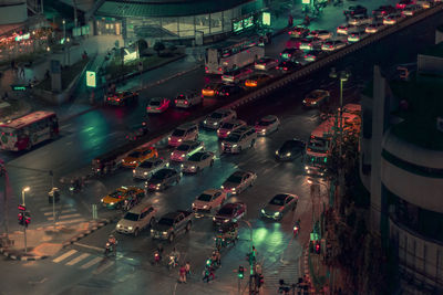 High angle view of crowd on city street at night