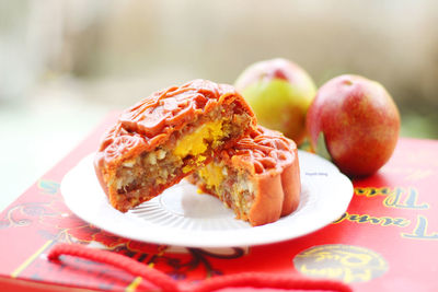 Close-up of dessert in plate on table