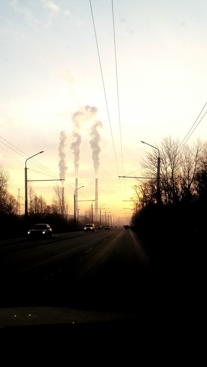 sunset, transportation, electricity pylon, sky, power line, silhouette, road, electricity, car, power supply, the way forward, mode of transport, land vehicle, orange color, cloud - sky, landscape, fuel and power generation, cable, street light, connection