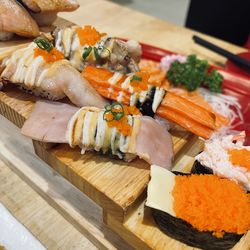 Close-up of sushi served on table