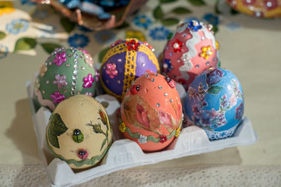Hand-decorated eggs in spanish store souvenir in malaga city, spain.